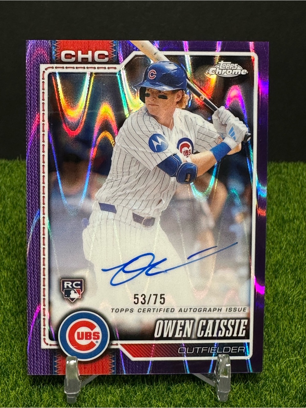 2026 Topps Chrome Chicago Cubs Rookie (RC) Owen Caissie Purple Raywave Auto /75